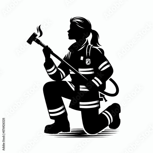 Firefighter in Action Logo Icon Silhouette in Vector Style on White Background