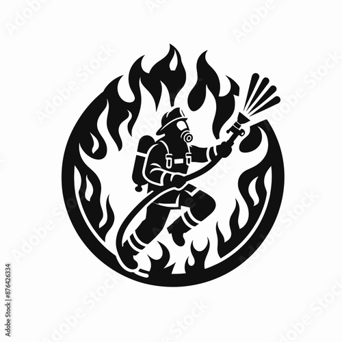 Firefighter in Action Logo Icon Silhouette in Vector Style on White Background