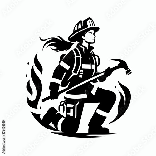 Firefighter in Action Logo Icon Silhouette in Vector Style on White Background