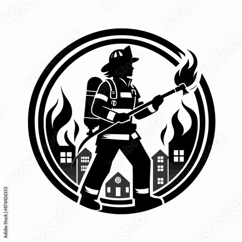 Firefighter in Action Logo Icon Silhouette in Vector Style on White Background