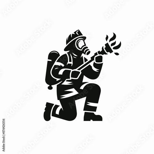 Firefighter in Action Logo Icon Silhouette in Vector Style on White Background