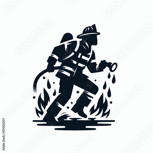 Firefighter in Action Logo Icon Silhouette in Vector Style on White Background