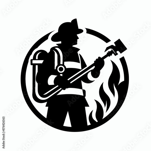 Firefighter in Action Logo Icon Silhouette in Vector Style on White Background