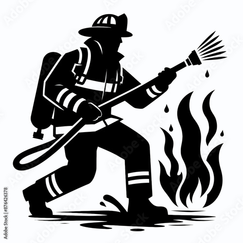 Firefighter in Action Logo Icon Silhouette in Vector Style on White Background
