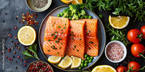 Assorted healthy dinner with raw salmon steaks lowcarb hig. Concept Salmon Recipes, Low Carb Dinners, Healthy Dinners, High Protein Meals, Raw Food Ideas photo