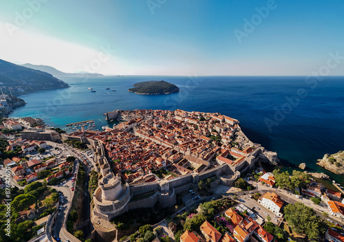 Obraz na plátně Aerial drone view of Dubrovnik old town city walls