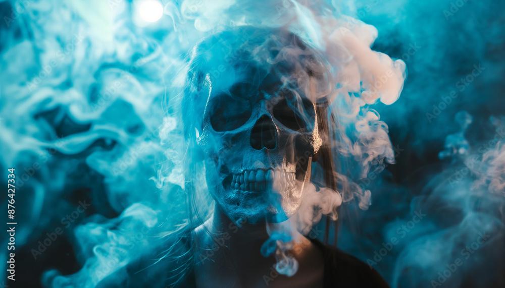 Skull surrounded by swirling blue smoke creating a dark and eerie atmosphere suggesting mystery and danger Skull surrounded by swirling blue smoke creating a dark and eerie atmosphere suggesting mystery and danger