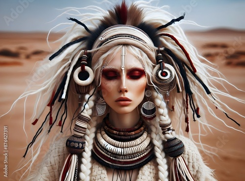 Fotografía hiperrealista de una mujer mística en el desierto, etnia, espiritual, guerrera, adornos, plumas, trenzas, ritual, maquillaje, misticismo, cultura, serenidad, introspección, artesanía photo