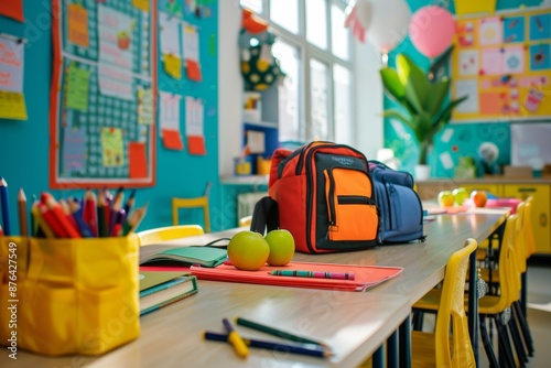 Backpacks and Supplies on a Classroom Desk
