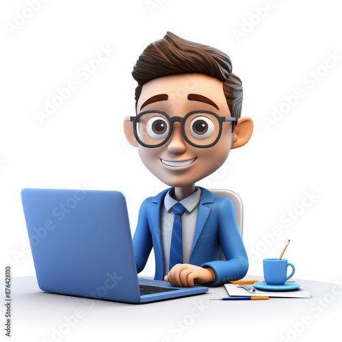 3D illustration of a businessman with a laptop and a cup of coffee