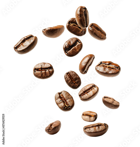 Falling coffee beans on isolated transparent background