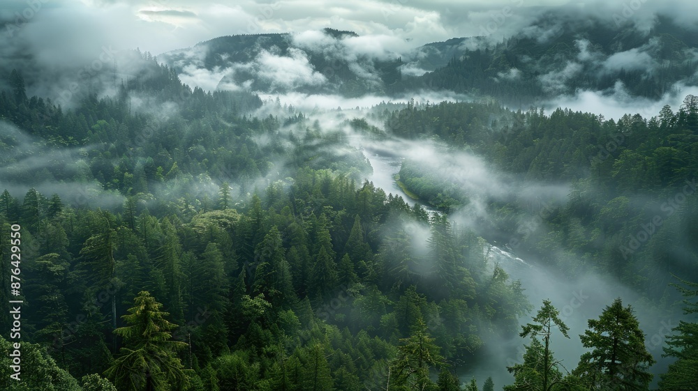 Obraz premium Misty Forest River - A breathtaking aerial view of a river winding through a lush, misty forest, showcasing the serene beauty of nature.