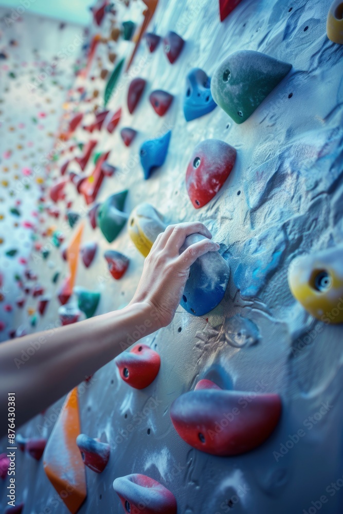 Rock Climber's Hand Gripping a Blue Handhold on an Indoor Climbing Wall Rock Climber's Hand Gripping a Blue Handhold on an Indoor Climbing Wall