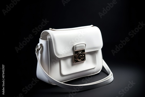 Stylish white faux leather handbag with gold accents displayed on black background photo