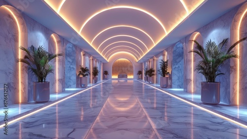 Modern and Luxurious Arched Corridor - A modern, luxurious hallway with arched doorways, marble floors and walls, and glowing neon lights. The hallway is lit with a warm, inviting glow that creates a  © Nima