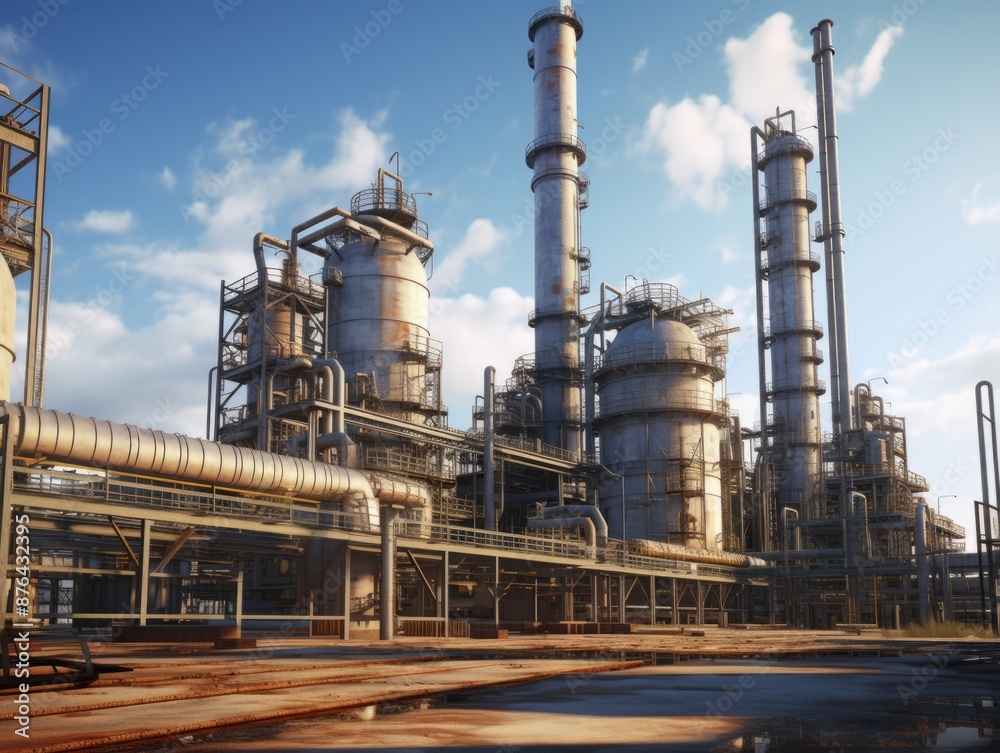 A vast oil refinery with intricate pipelines and towering chimneys under a clear blue sky. A vast oil refinery with intricate pipelines and towering chimneys under a clear blue sky.