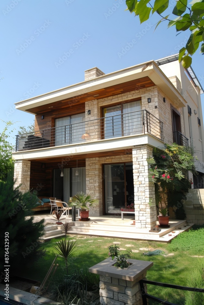 Contemporary cubic house with white walls and light wood cladding in a picturesque green meadow Contemporary cubic house with white walls and light wood cladding in a picturesque green meadow