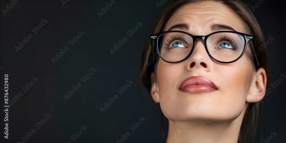Fototapeta premium Woman in glasses studies human face deep in thought and selfdiscovery. Concept Personal Development, Self-Discovery, Glasses, Human Face, Study