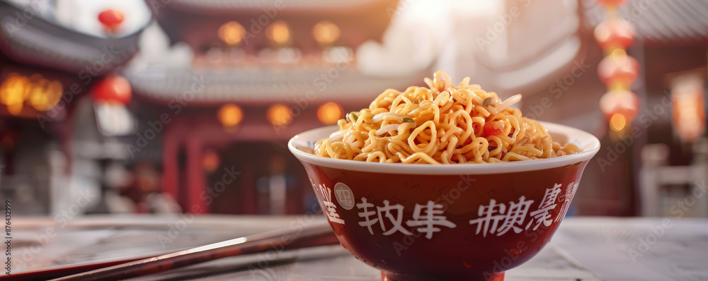 Fototapeta premium A bowl of instant noodles followed by Chinese architecture background
