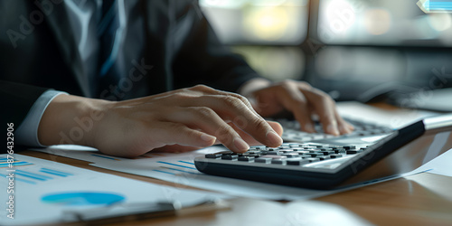 Close up businessman hand using calculator and laptop in office. finance concept