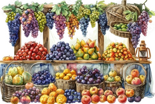 Vibrant Fruits and Grapes at a Market Stall - A watercolor painting depicting a market stall overflowing with colorful fruits and grapes. The scene features a variety of produce, including apples, pea © Nima