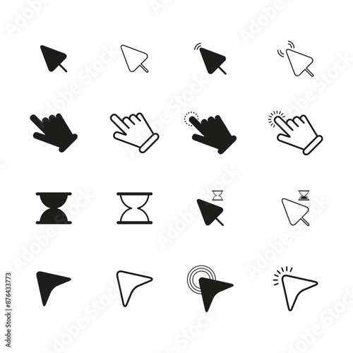 Mouse click cursor set. Hand Cursor. Click icon. Mouse pointer set. Arrow cursor. Vector illustration