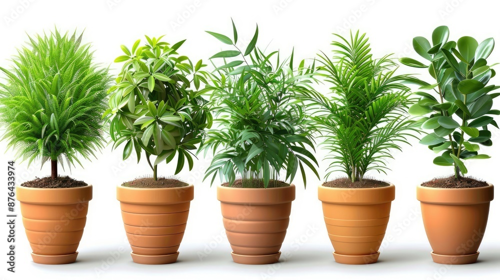 Fototapeta premium Five potted plants against a white background - Five potted plants against a white background, showcasing a variety of foliage and textures.