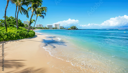 Paradise, A beautiful beach in Hawaii with palm trees and clear blue water, and the city in the distance on the horizon.