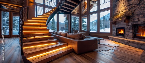 Cozy wooden U-shaped floating staircase with soft LED strip lighting, black metal balustrade in a mountain lodge living room with a stone fireplace and large windows. Perfect for rustic home decor.
