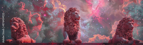 Three Lions Under A Cosmic Sky - Three majestic lion statues stand under a cosmic sky filled with swirling clouds, twinkling stars, and vibrant nebulas. The scene evokes a feeling of wonder and the po photo