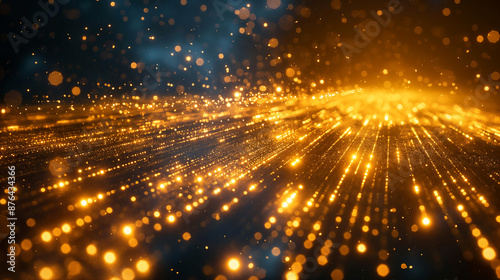 Golden bokeh particles create a brilliant background with sparkling glow and shiny light pattern.