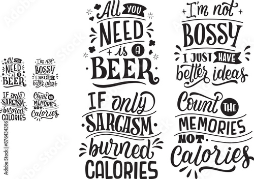 Monochrome funny lettering stickers collection