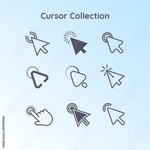 Mouse click cursor set. Hand Cursor. Click icon. Mouse pointer set. Arrow cursor. Vector illustration
