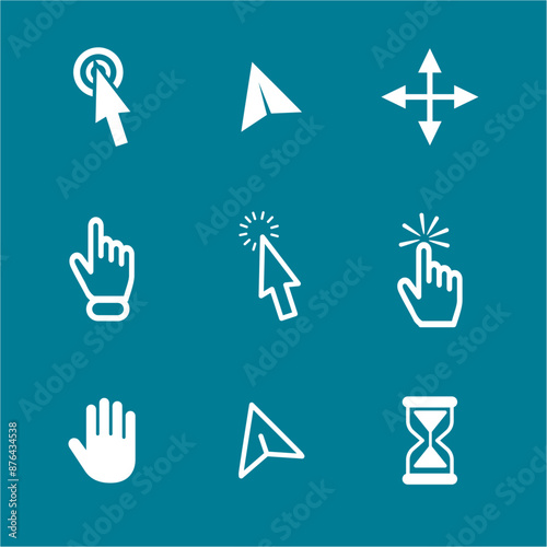 Mouse click cursor set. Hand Cursor. Click icon. Mouse pointer set. Arrow cursor. Vector illustration