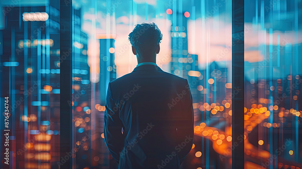 Fototapeta premium Businessman looking out window at night at illuminated cityscape, city life, urban landscape, business success concept