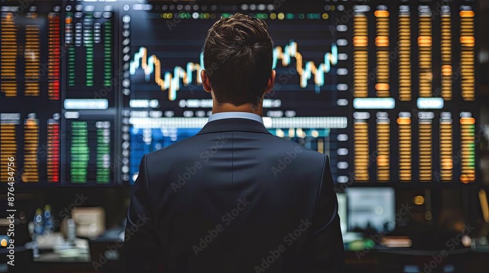 Businessman in Suit Analyzing Stock Market Data on Multiple Computer Screens in Office at Night Stock Photo Businessman in Suit Analyzing Stock Market Data on Multiple Computer Screens in Office at Night Stock Photo
