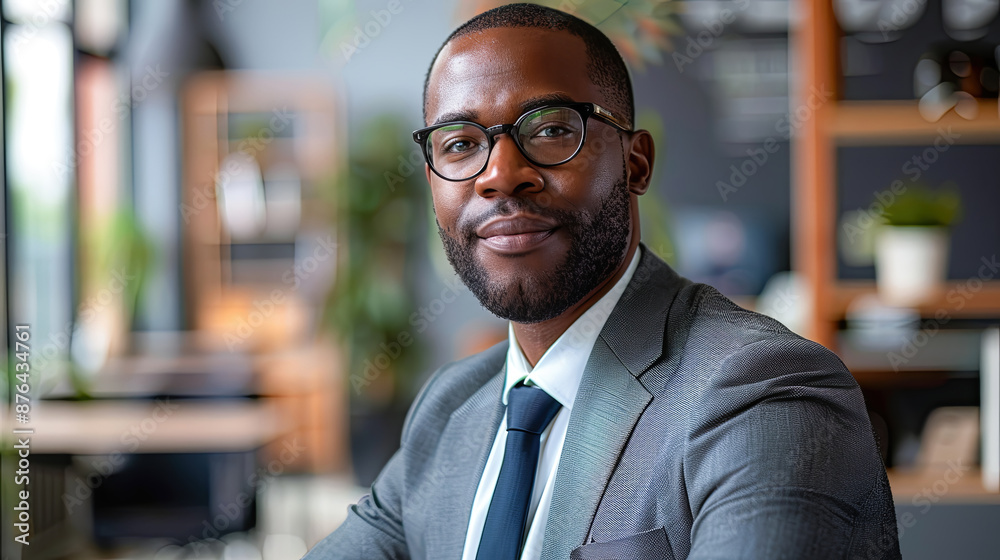 Fototapeta premium Confident Black Businessman in Suit and Glasses Portrait in Office Setting
