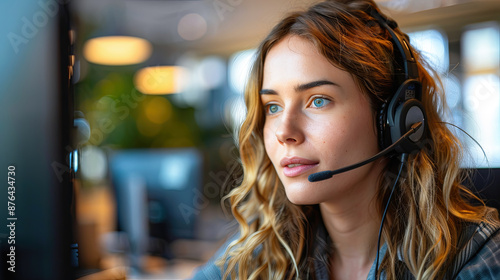 Focused Young Woman with Headset Works on Computer in Busy Startup Office Customer Support Agent, IT Specialist, Modern Businesswoman Concept