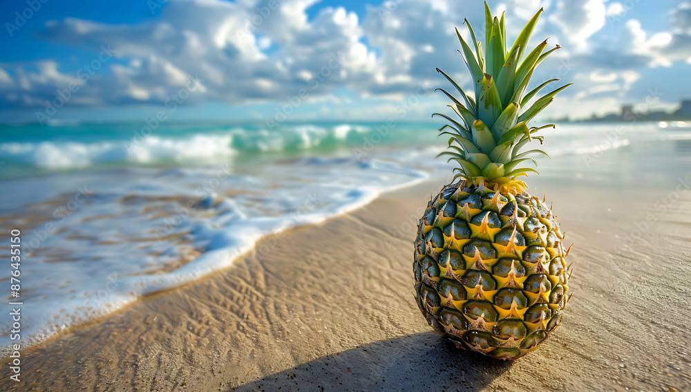 Paradise, A pineapple on the beach, with waves in the background. Paradise, A pineapple on the beach, with waves in the background.