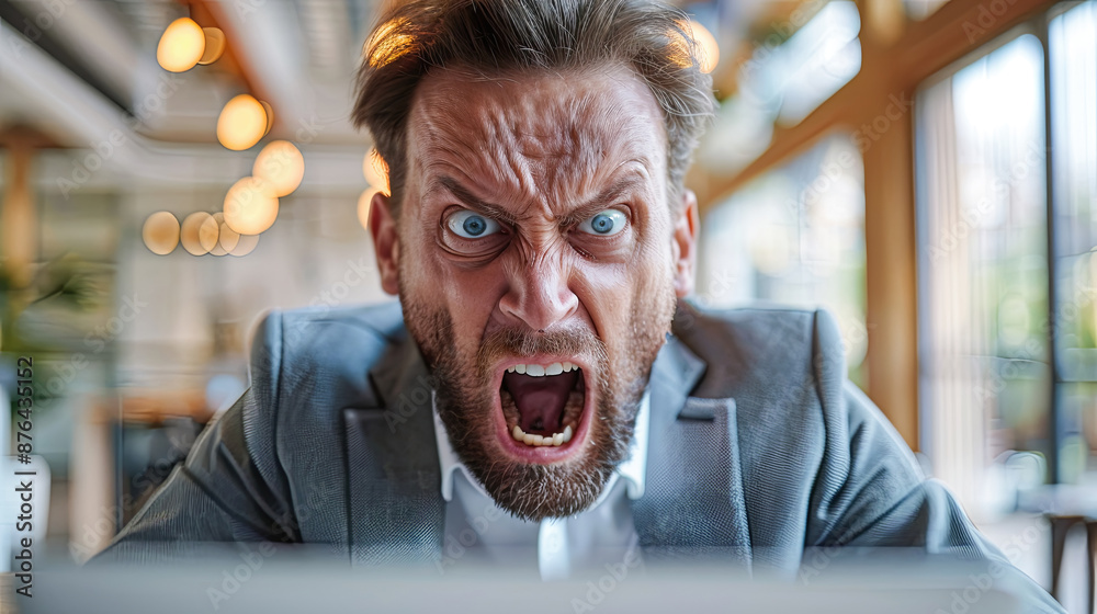 Angry Businessman Yelling At Laptop In Frustration While Working Remotely In Cafe Interior Angry Businessman Yelling At Laptop In Frustration While Working Remotely In Cafe Interior