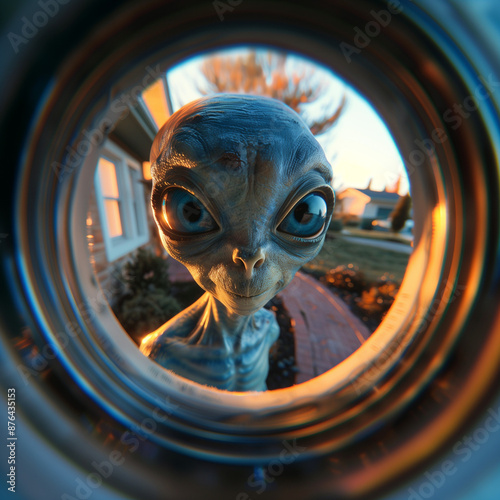 Peephole view of alien. Alien seen through peep window. Knock Knock. An alien peeking through a door hole. Alien through a door's peephole. Alien at the door. Fisheye view of alien through a peephole.