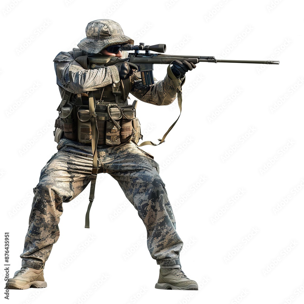 Standing_Military_sniper_in_camouflage_uniform_aiming_a_rifle_generative_ai_image Standing_Military_sniper_in_camouflage_uniform_aiming_a_rifle_generative_ai_image