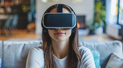 Young Woman Using VR Headset at Home, Immersive Technology Experience, Virtual Reality Gaming and Entertainment, Future of Technology, Metaverse Exploration