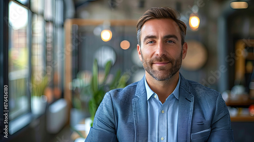 Portrait of a Confident Mature Businessman in Office, Business Success and Leadership Concept, Blurred Background, Looking at Camera