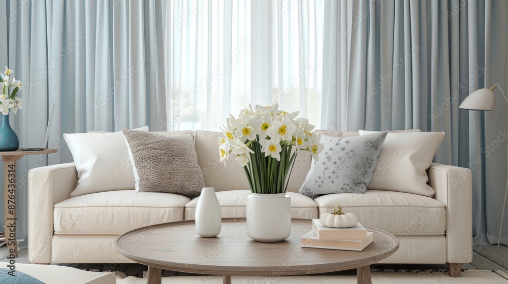 sofas and coffee table with bouquet of flowers generative ai sofas and coffee table with bouquet of flowers generative ai