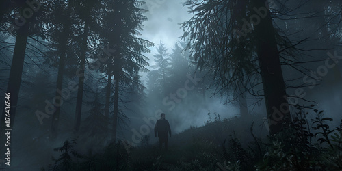 A dark forest with a stream running through it