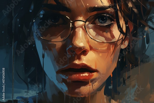 The image is a close-up portrait of a young woman with dark hair and glasses. The woman's eyes are closed and tears are streaming down her face. It appears she is crying as rain pours down around her
