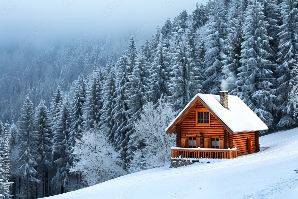 Naklejka premium Charming cabin in snowy forest a winter retreat nestled in a picturesque winter wonderland