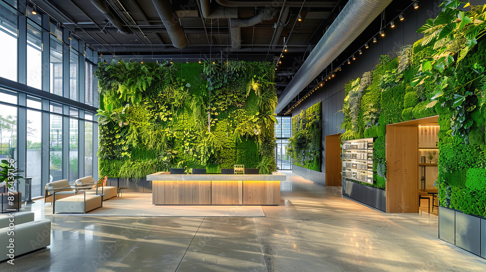 Modern Office Lobby Interior Design with Living Green Wall, Natural Light, and Sustainable Materials Modern Office Lobby Interior Design with Living Green Wall, Natural Light, and Sustainable Materials