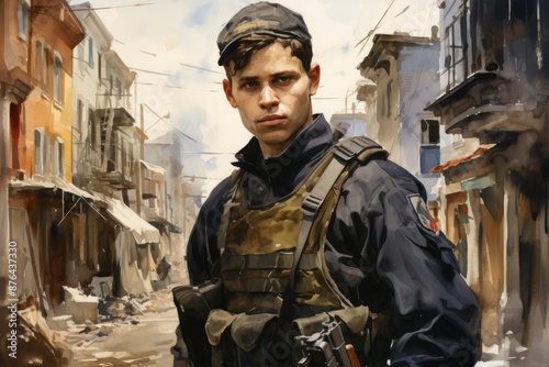 A police officer patrolling the streets of the ghetto, maintaining order amidst the chaos and violence that often erupts in the neighborhood